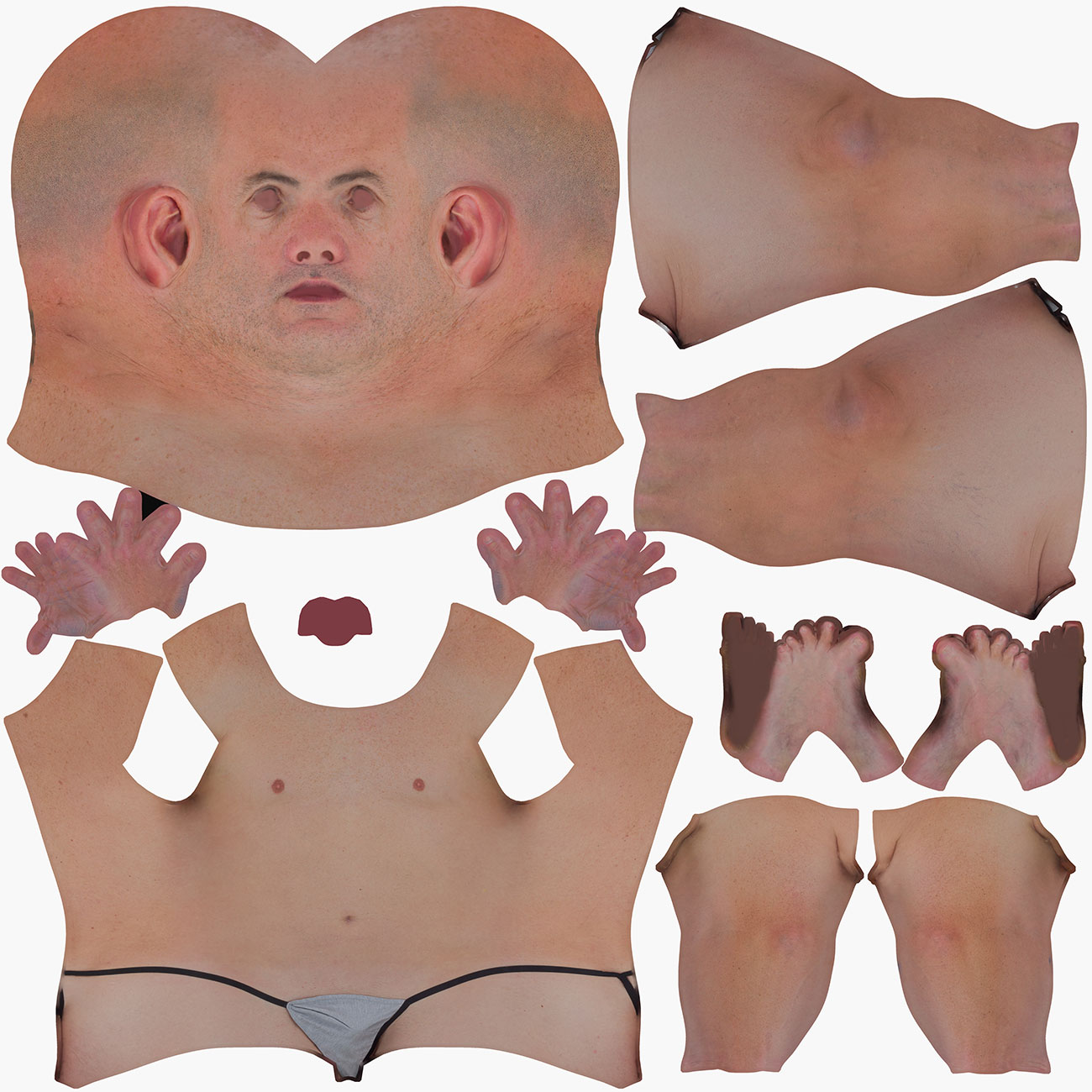 UV map layout for a male full body 3D scan showing low-distortion texture unwrap across all body regions